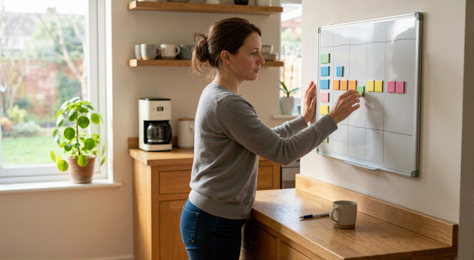 A woman standing at a wall-mounted planner, arranging coloured sticky notes into columns