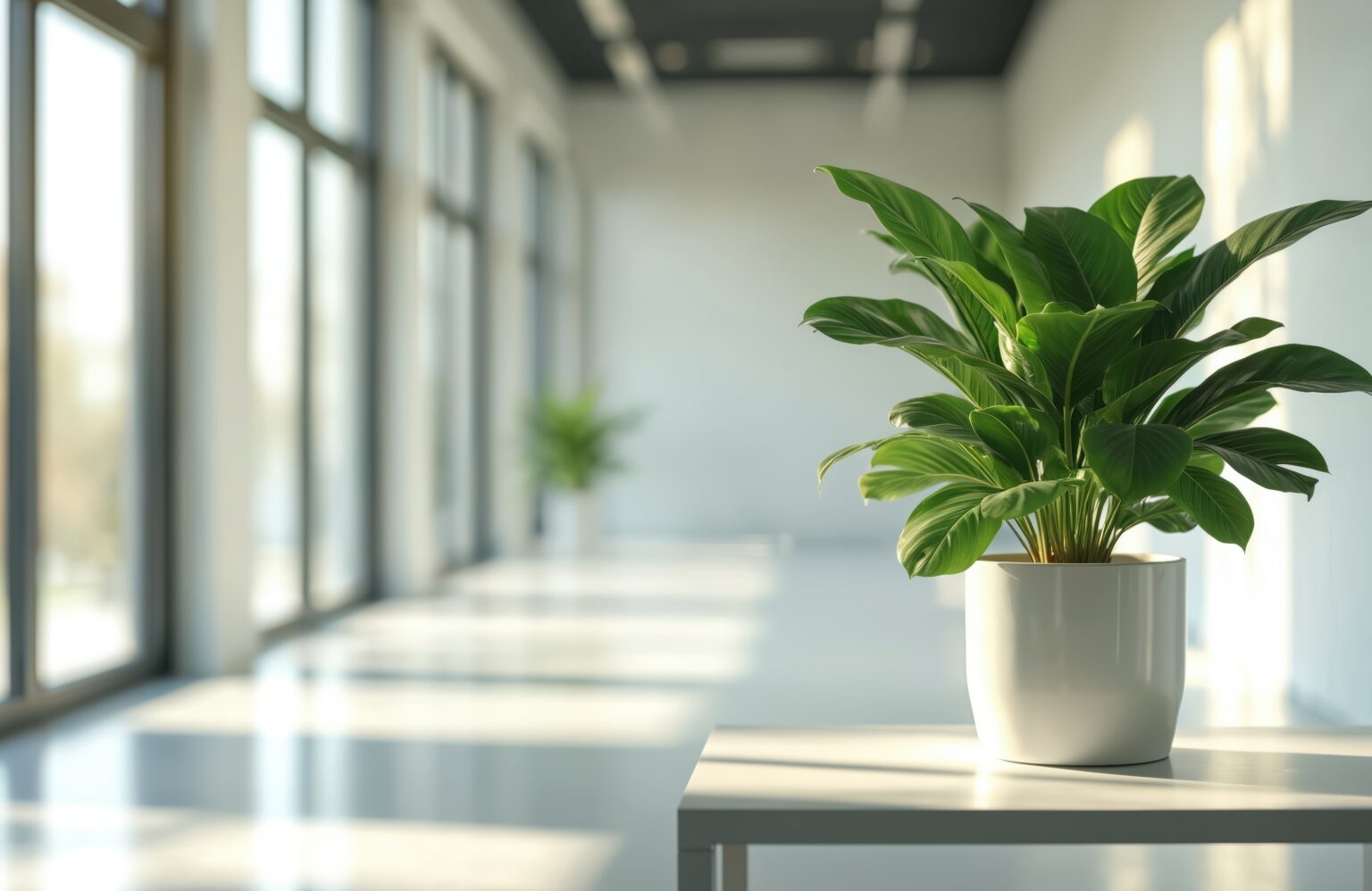A potted plant on a table in a bright, sunlit hallway
